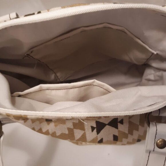 New Southwestern Geometric Vinyl Double handle Satchel Purse Ivory Mustard Brow - Picture 11 of 11